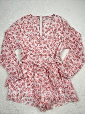 Relipop Pink Floral Deep V-Neck Long Sleeve Ruffle Romper Size XL